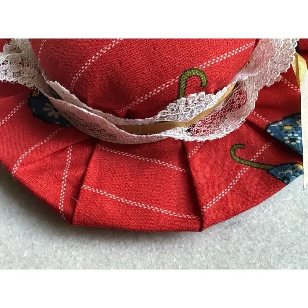 red hat Pin Needle Cushion vintage lacy brim flower sewing Accessories 6” X 6”